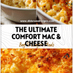 Close-up of creamy baked macaroni and cheese with golden crust in a white baking dish.